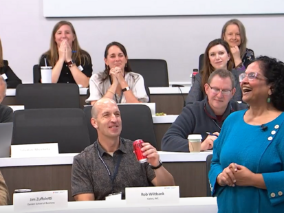 Professor Saras Sarasvathy speaks to students in a clasroom at UVA Darden