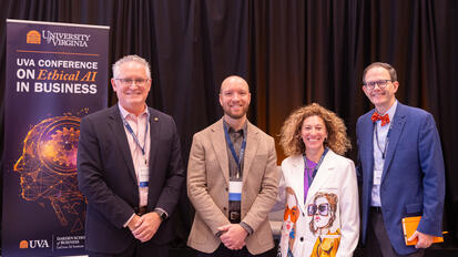 Marc Ruggiano, Peter McCrory, Yael Grushka-Cockayne, and Marc Johnson pose at the UVA Conference on Ethical AI in Business