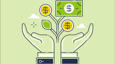 Illustration of hands holding dollar signs and plants