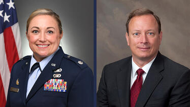 Jessica Wright (TEP '24), lieutenant colonel of the U.S. Air Force, and Ty Schieber (TEP '24), U.S. Marine Corps veteran and current EELL Managing Director.